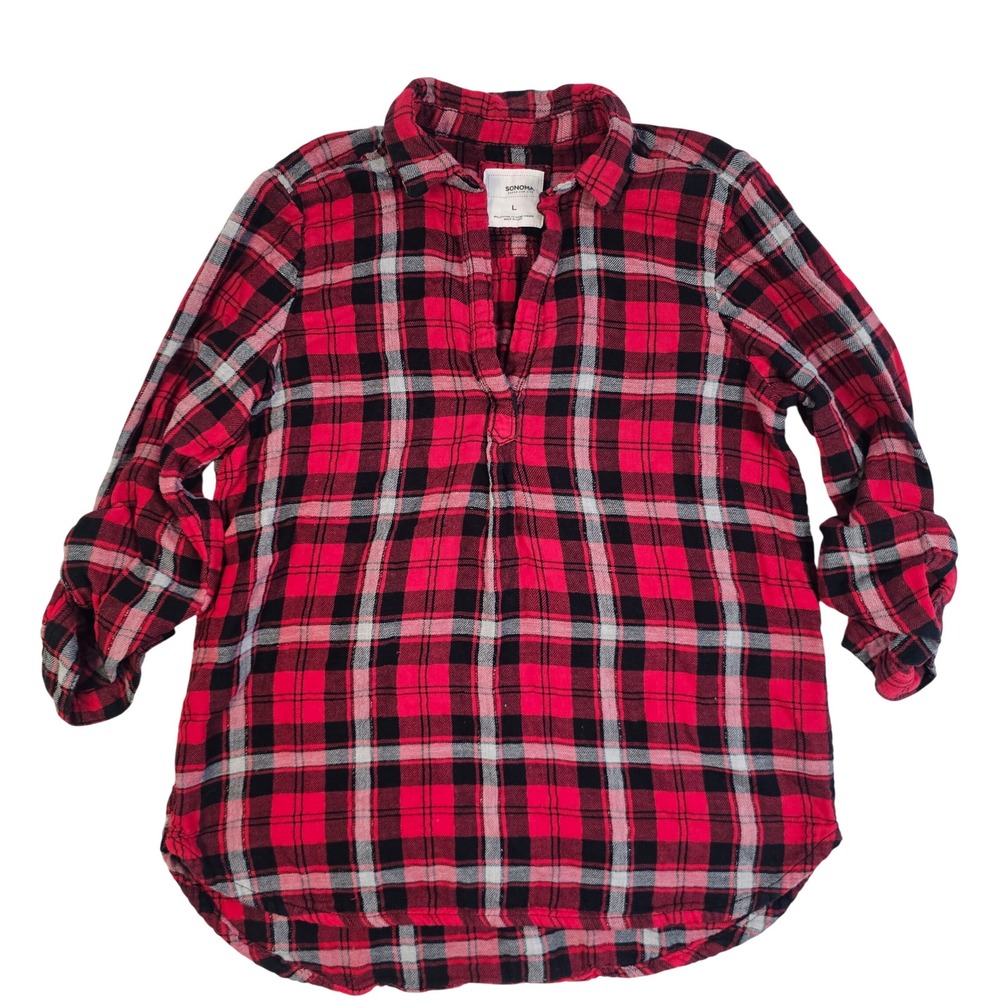 Sonoma Goods For Life Red Black Plaid Flannel Popover Shirt Womens Large L